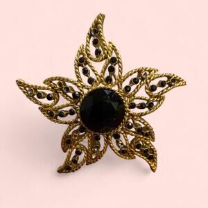 Gold and Black Floral Star Gothic BlackBrooch signed JJ “Jonette Jewelry”